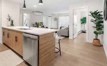 A modern kitchen with wooden cabinets and a dishwasher.